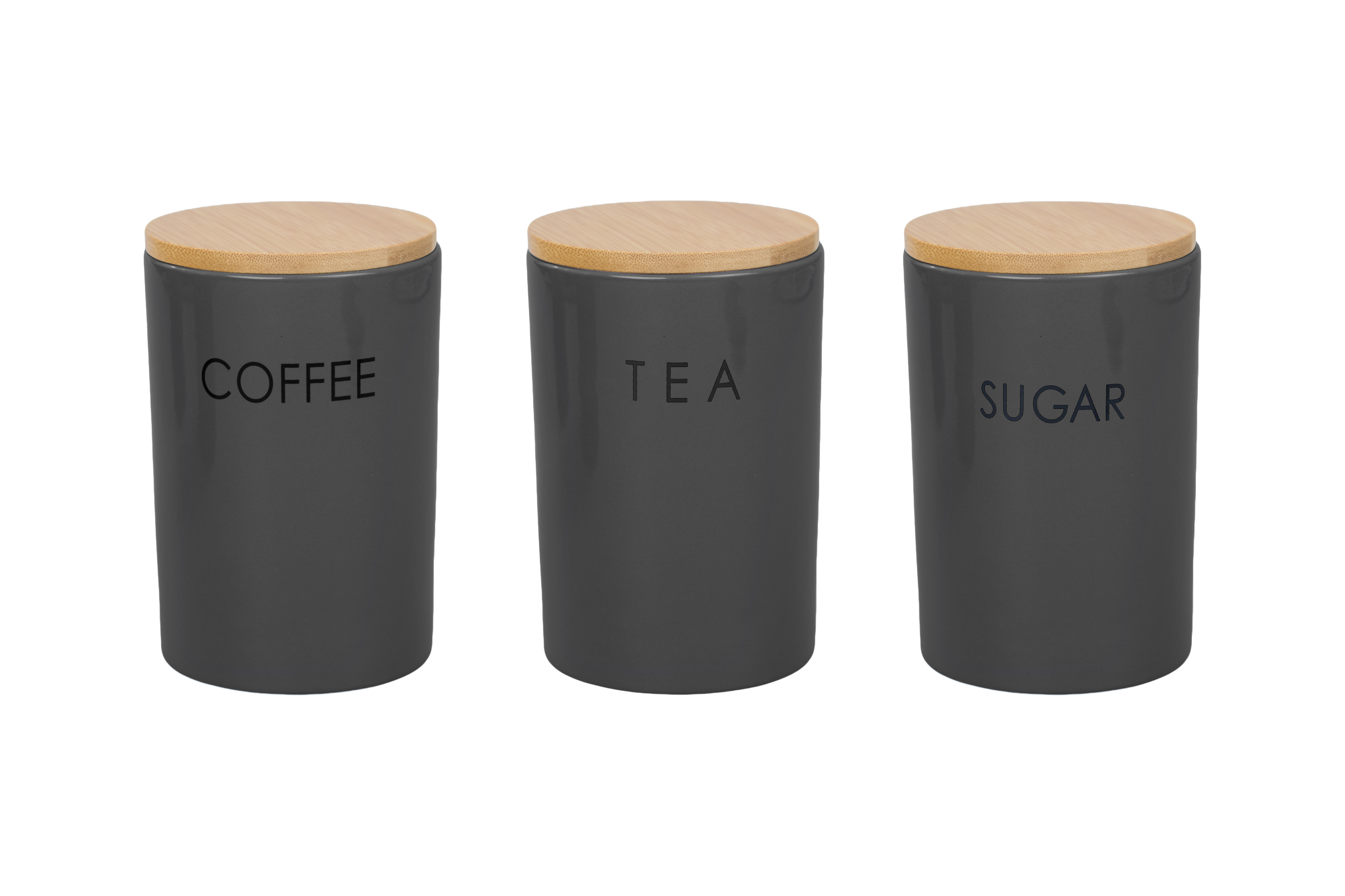 Set of 3 Tea Coffee Sugar Ceramic Canisters Grey